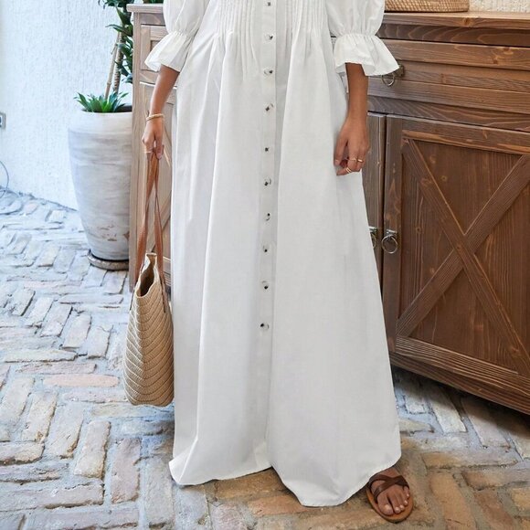 White Casual Women's Loose Fit Dress With Pleated Collar And Flared Sleeves - Picture 2 of 7